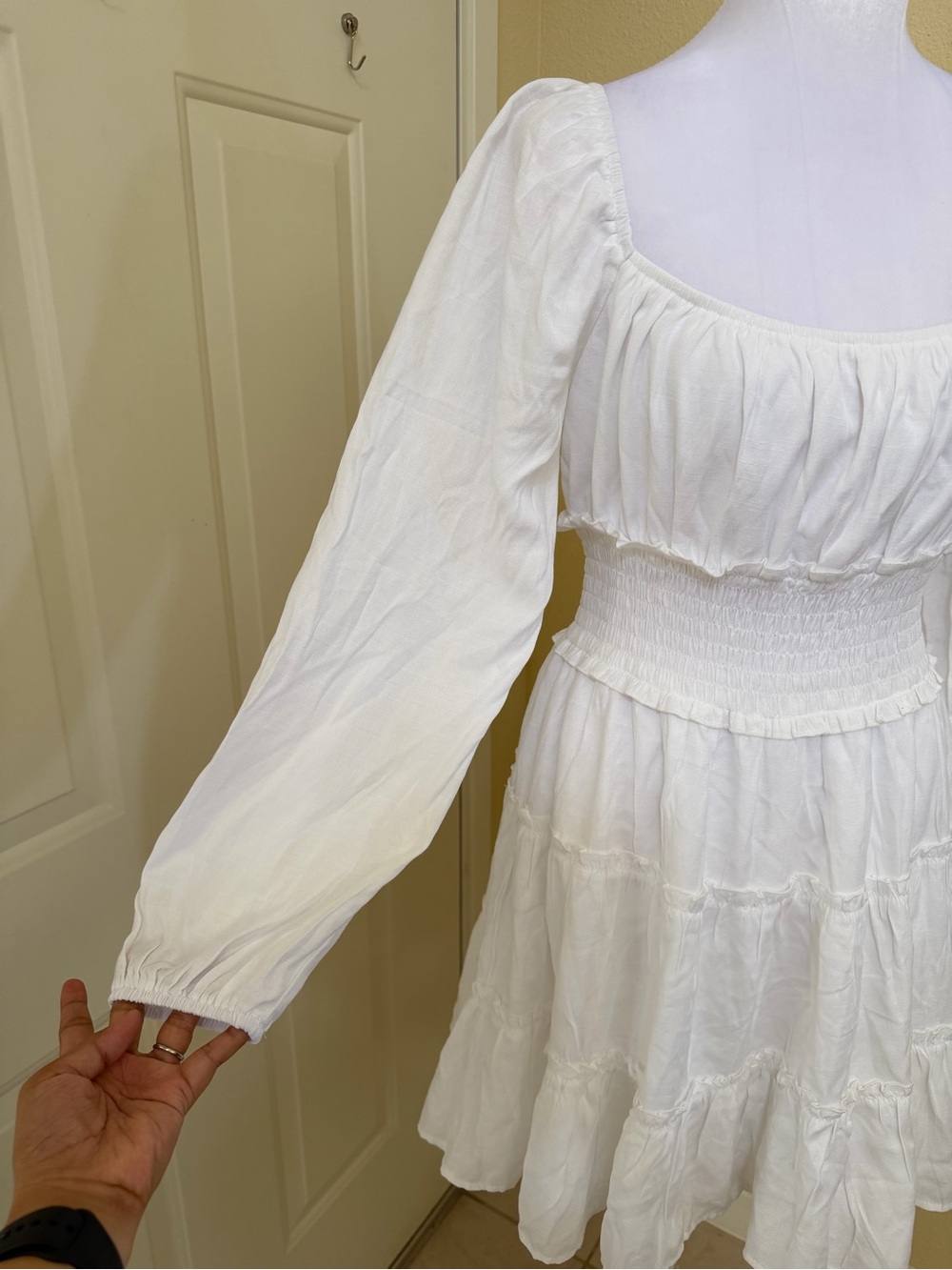 Trixxi White Long-Sleeve Smocked Waist Tiered Dress Size Large - Picture 4 of 6